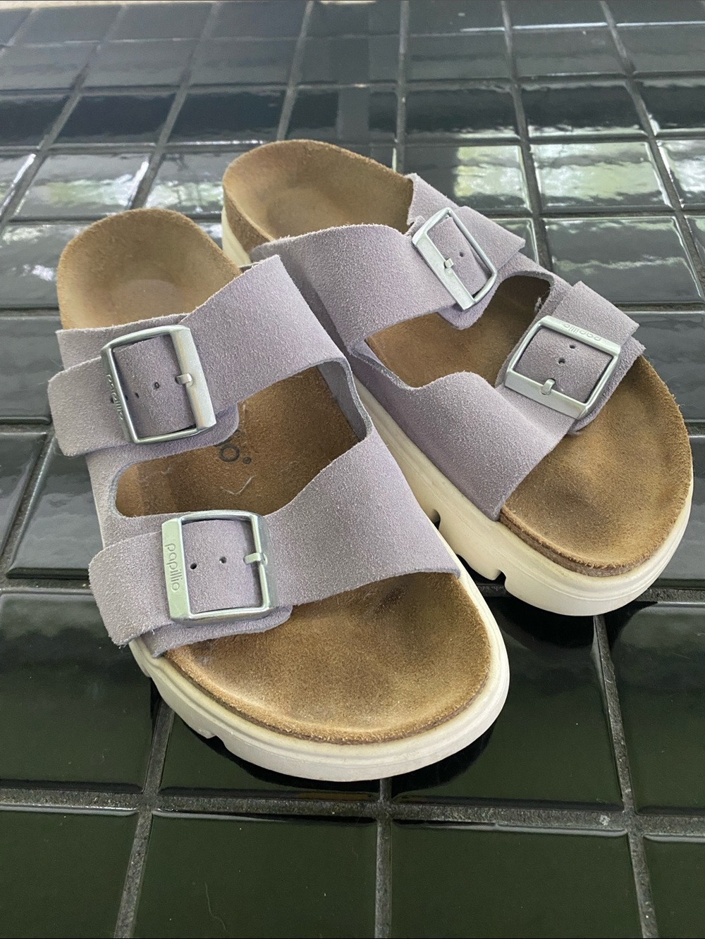 Papillio Double-Buckle Suede Slide Sandals in Light Lavender and White